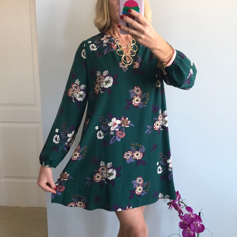 Green Floral Long Sleeve Tunic Dress - Picture 5 of 7